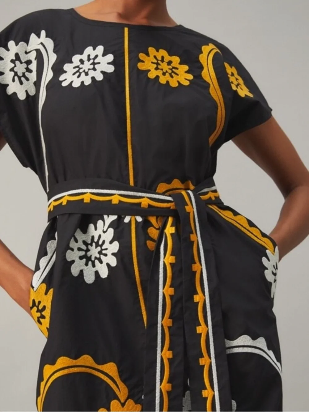 Tory Burch Embroidered Cotton Poplin Caftan Midi Dress Floral Black Gold White M